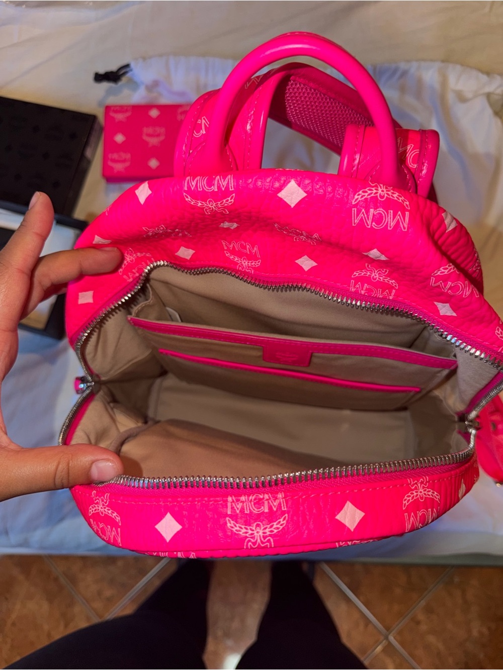 MCM Hot Pink Logo Backpack with Stud Details - Picture 7 of 8